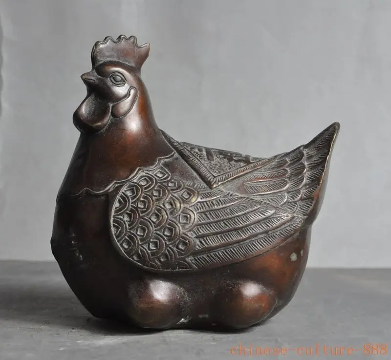 

Crafts statue old chinese fengshui bronze zodiac lucky hen Chicken chick Lay eggs lucky statue halloween