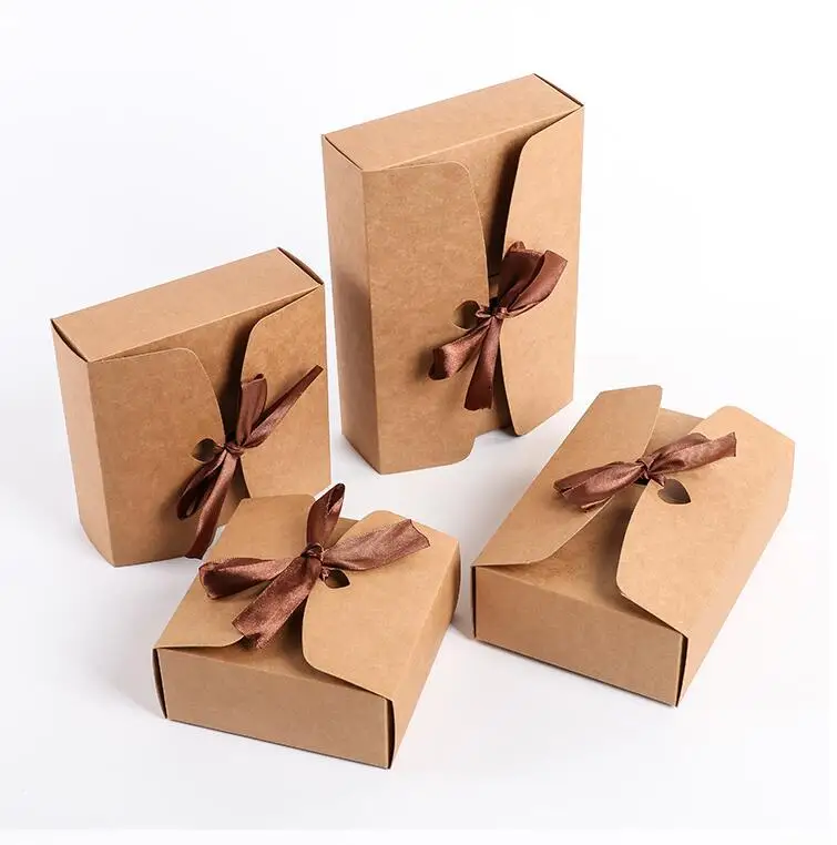 

20pcs Natural Kraft Paper Boxes Packaging With Ribbon DIY Party Gift Box Wedding Candy Cake Decoration Bag