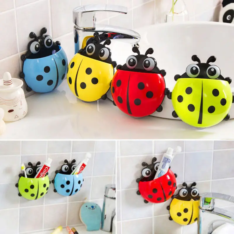 

Novelty Bathroom Set Sanitary Kids Ladybug Wall Mounted Toothbrush Holder Cartoon Animal Brush Holder With Suction Cup Newest