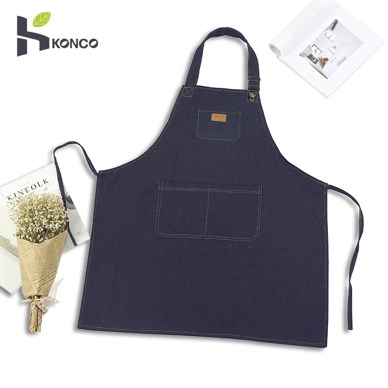 KONCO Durable Denim Jean Aprons Adjustable Jean Aprons with 3 Pockets for Men Women Working Baking Aprons for Restaurant Cafe