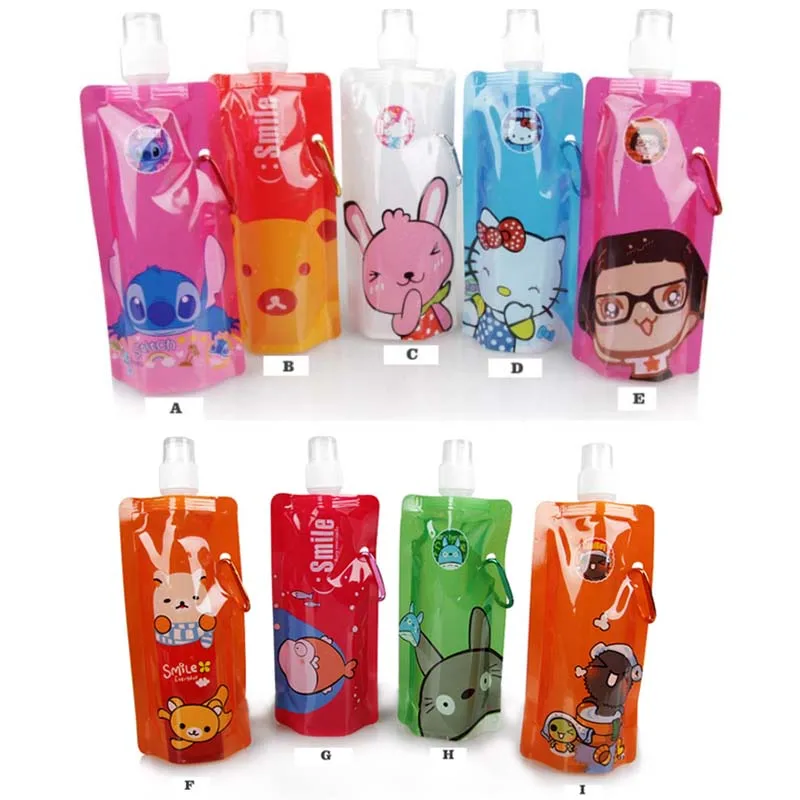 

6Pcs/Lot Cartoon Animal Eco-Friendly Portable Foldable Reuseable Water Bottle with Carabiner Outdoor Sports Travel Folding Bags