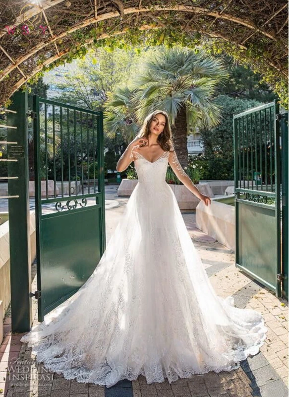 

2019 Modest Wedding Dress Country Luxury With Long Sleeves Buttons Back Lace Appliques Capped Court Train A Line Bridal Gown