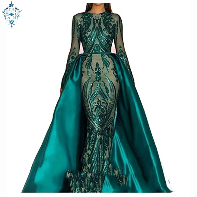 

Ameision Muslim Evening Dress 2019 Sparkly Sequin Long Sleeve Detachable Train Gem Kaftan Arabia Formal Party Gown Prom Dress