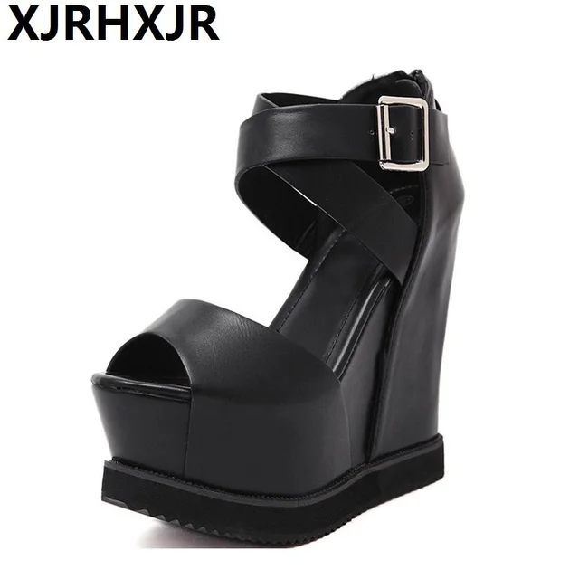 New Summer Shoes Women Open Toe Button Belt Thick Heel Wedges Platform Shoes Casual Sandals Female Heel Height 14.5cm