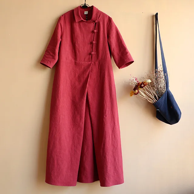 Весенний национальный ветер был тонкий хлопок платье пластины пуговицы свободное белье сплошной цвет платья - Цвет: Красный