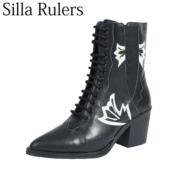

Silla Rulers 2018 New women's Genuine leather Martin boots lace up pointed toe printing woman chelsea boots ankle boots