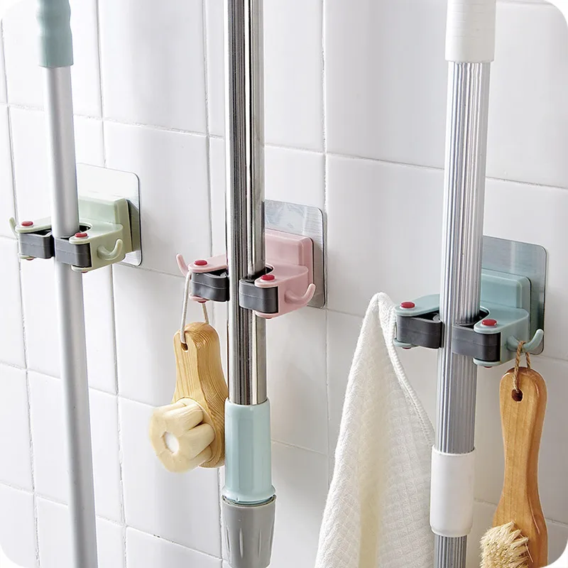 

Wall Shelf Mop Storage Rack Broom Hanger Bathroom Organizer Mop Hook Clip