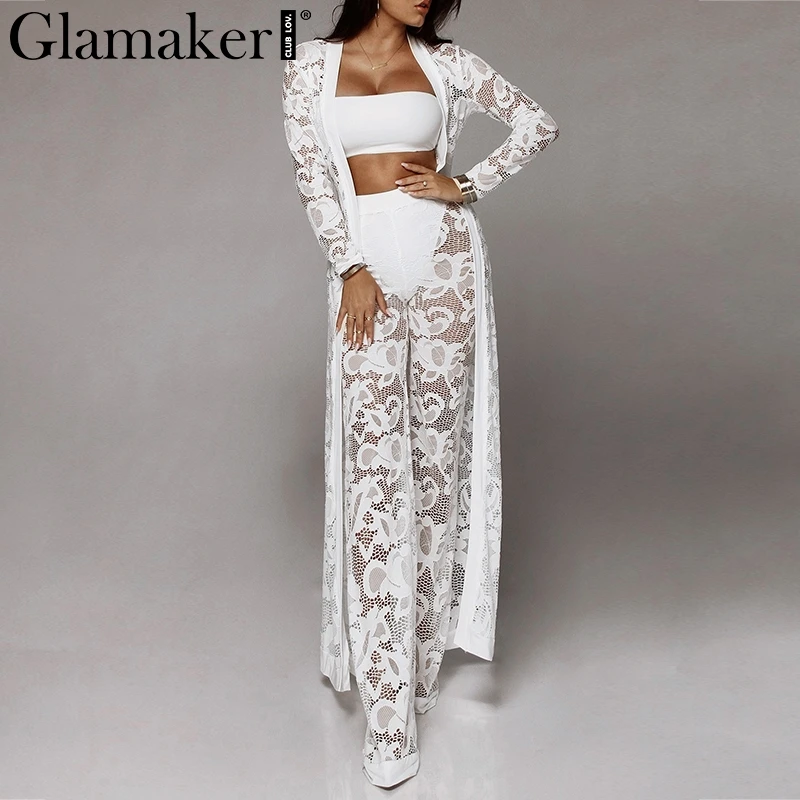 

Glamaker White lace floral 3 set sexy jumpsuit Women strapless sash long playsuit Party summer outwear jumpsuit romper plus size