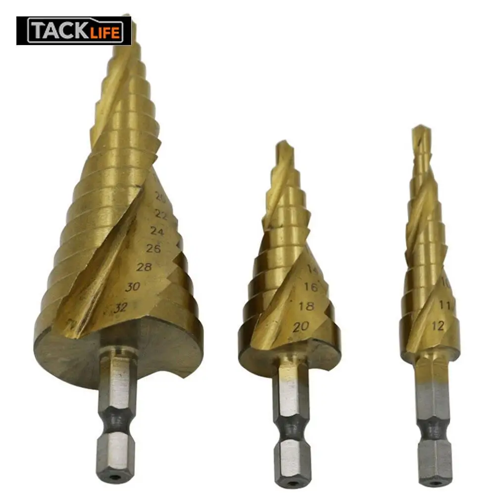 

Tacklife 3pcs 4-12/20/32mm HSS Spiral Grooved Center Drill Bit Solid Carbide Mini Drill Accessories Titanium Step Cone Drill Bit