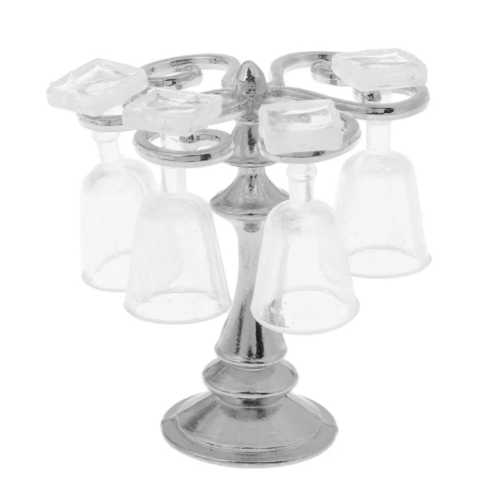 1/12 Dollhouse Miniature Bar Life Scenes Decor  - Silver Glass Wine Cup Holder & 4 Pieces Goblet Kits Kids Pretend Play Toy