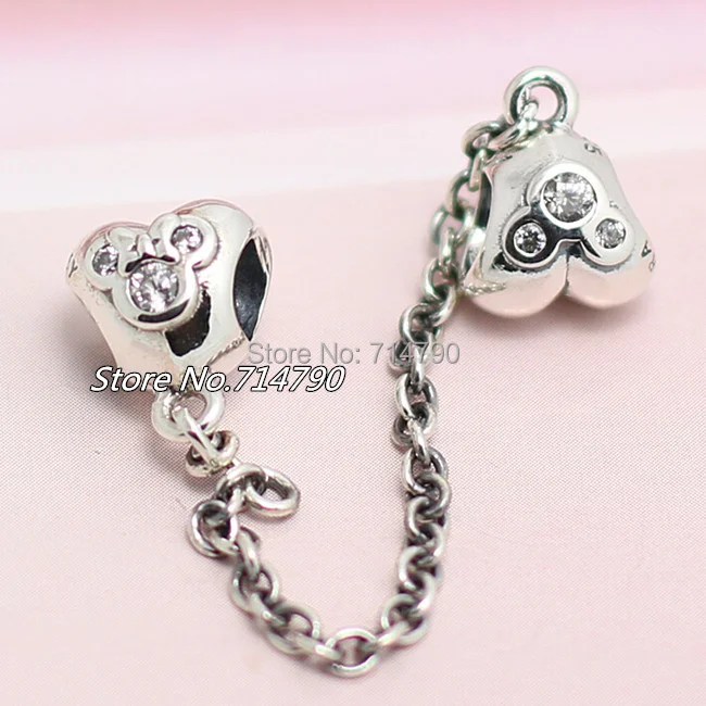 925 Sterling Silver Heart of Mickey Safety Chain Bead with Clear Cz Fits European Jewelry Charm Bracelets Necklaces Pendants