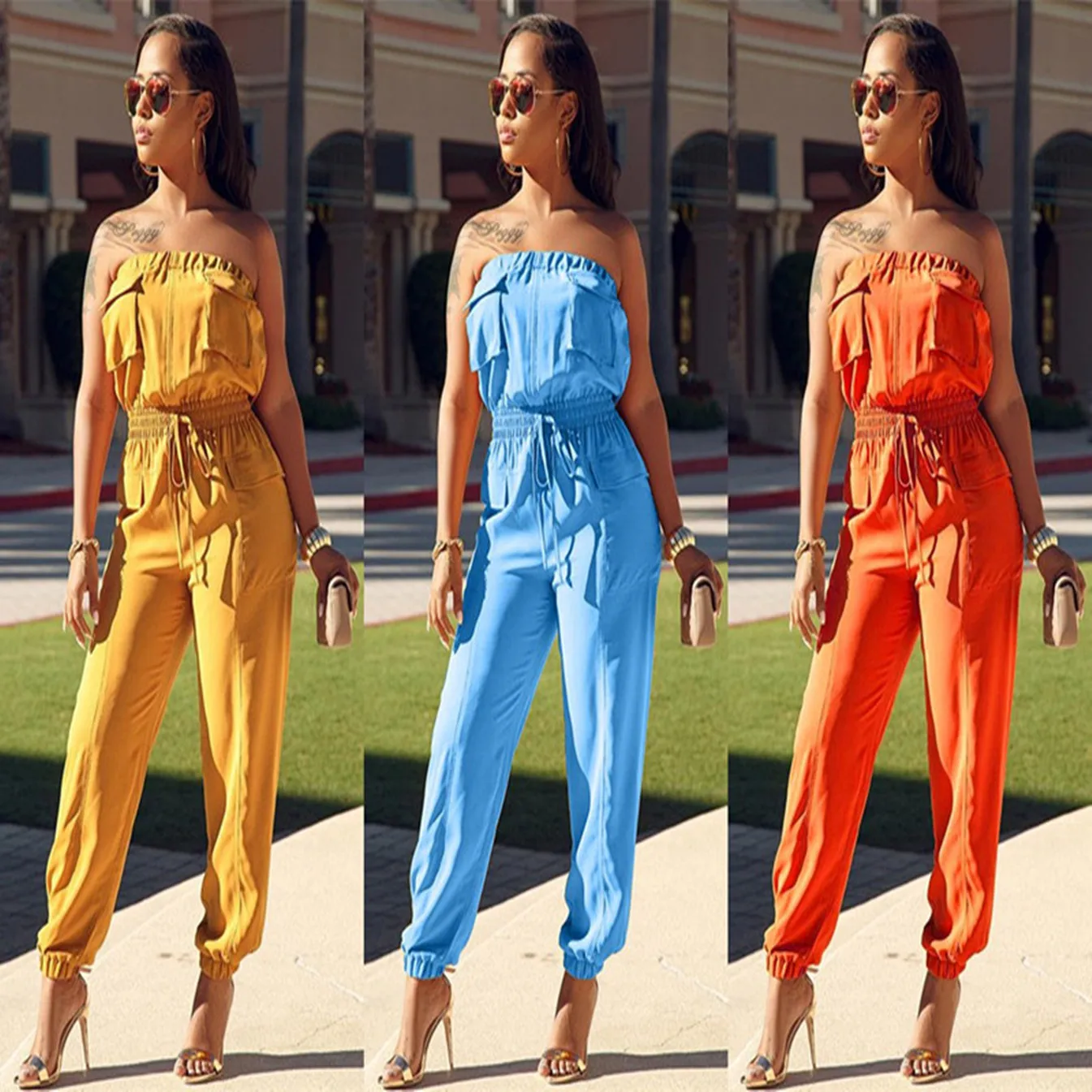 

Sexy Bodysuit Women's Jumpsuit New Hot Word Collar Pockets Off The Shoulder Wrapped Chest Large Size One-piece Trousers Woman