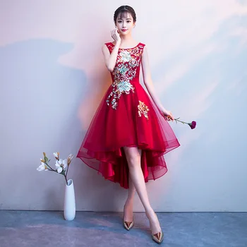 

2019 New Red Round Neck Flower Embroidery Irregular Elegant Lace Dress