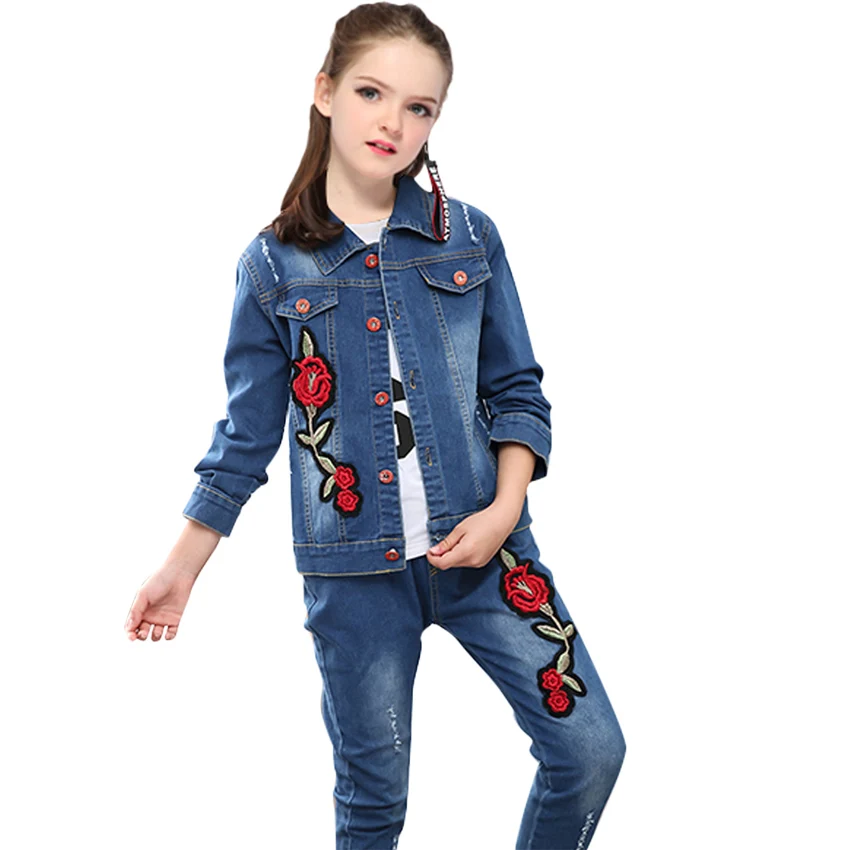 Джинсовые комплекты для девочек, детская одежда Новинка, весенне-осенняя куртка с модным принтом+ джинсы комплект из 2 предметов, детские костюмы с длинными рукавами, Vestidos - Цвет: Синий