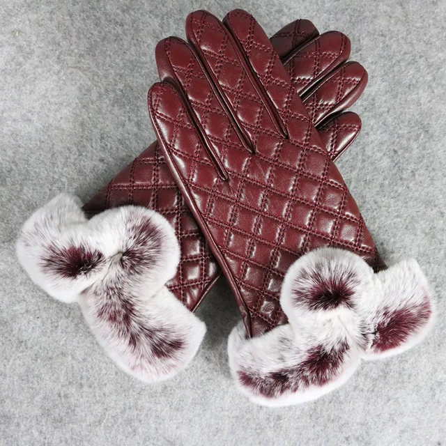 Women's Winte 100 Real Sheepskin Leather Rabbit Fur Gloves full palm
