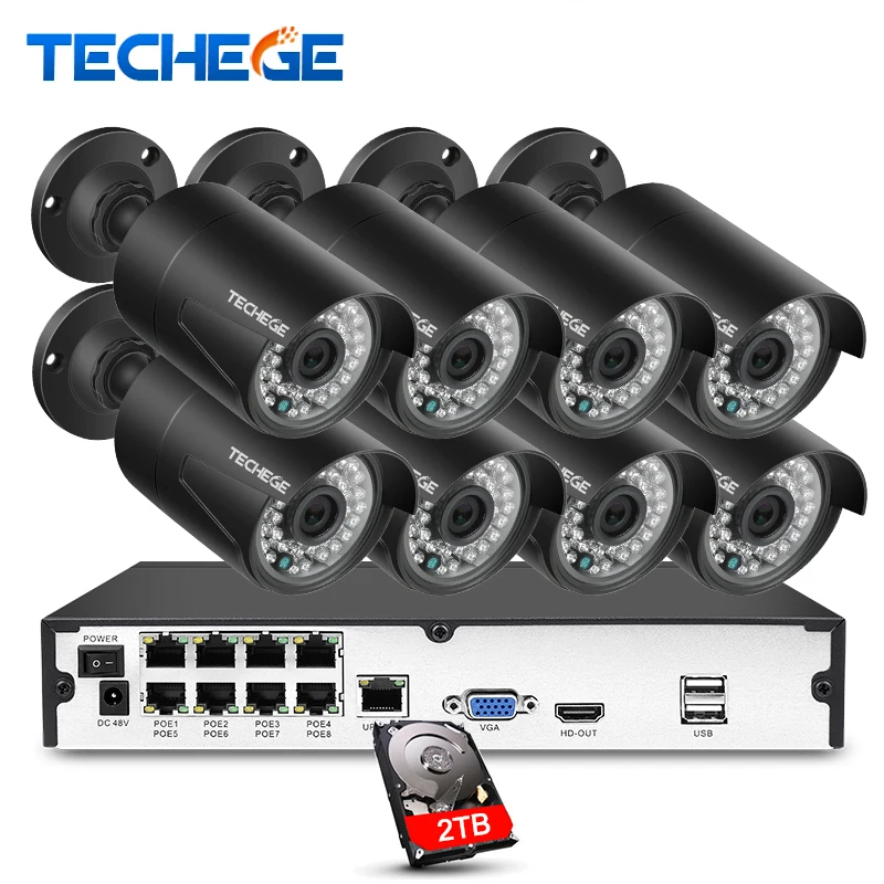 Techege 8CH NVR 48 В POE 1080 P CCTV Системы Onvif P2P 2MP HD IP Камера открытый Водонепроницаемый обнаружения движения безопасности Камера Системы