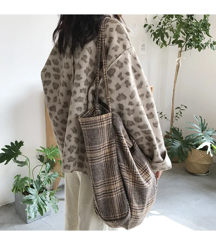 Women Woolen Canvas Bags Scottish Pattern Vintage Plaid Female Large Capacity Big Tote Handbag Ladies Casual Shoulder Bag