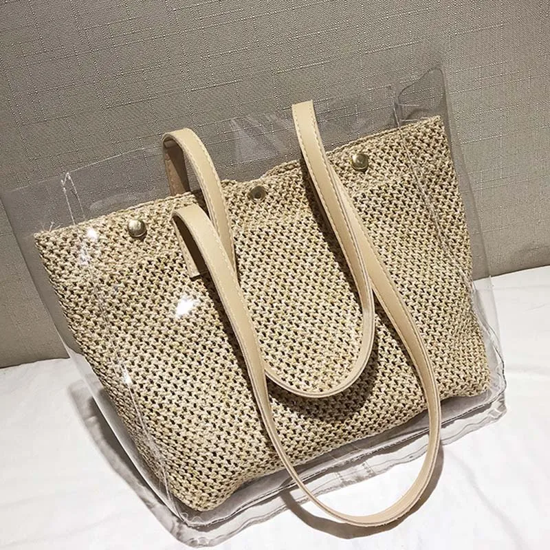 New Women Summer Transparent Handbag INS Popular Female Travel Straw Composite Bags Beach Lady Shoulder Bag Large Bolsa SS3316 (2)