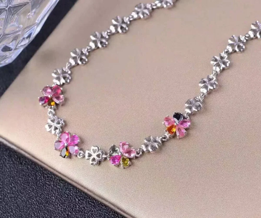  Bracelet en tourmaline naturelle multicolore Bracelet en pierres précieuses naturelles 925 bracelet