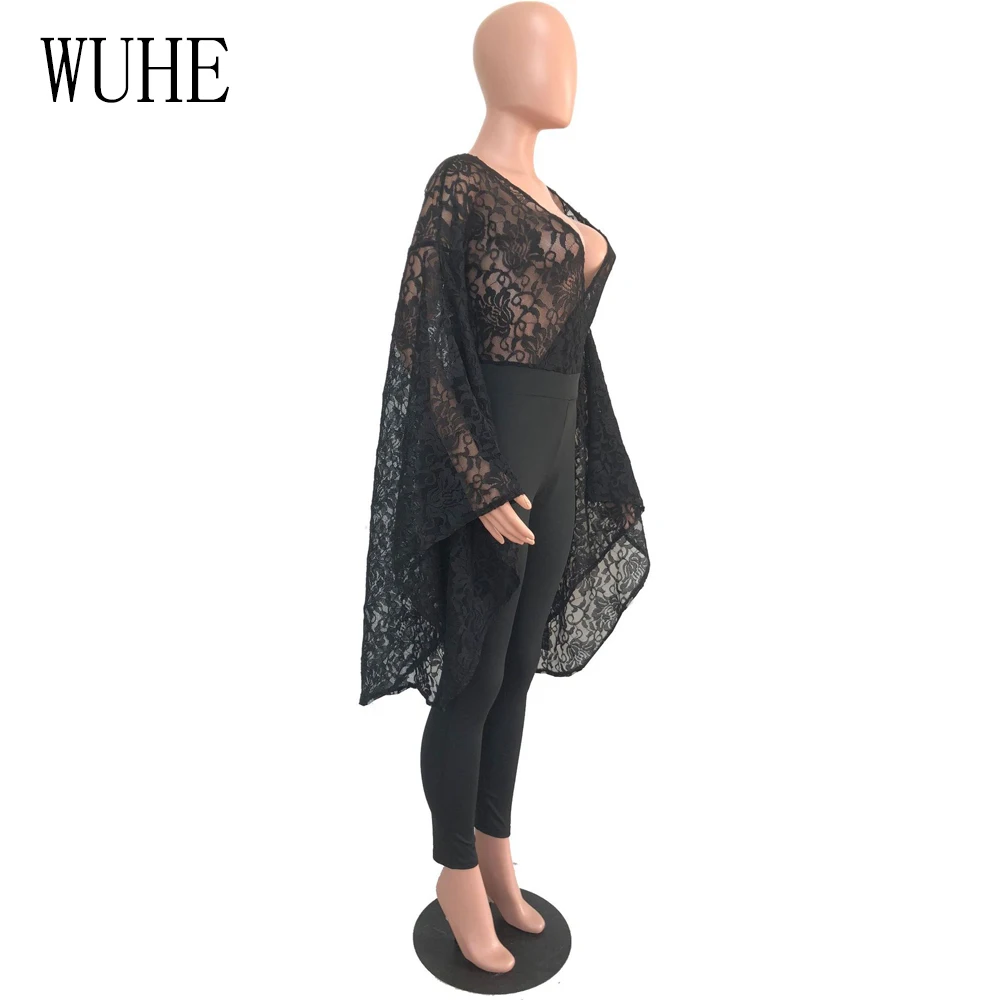 WUHE Sexy Sheer Black Lace Jumpsuit Bodysuit Women See Through Flare Long Sleeve Deep V Neck Rompers Long Pants Party Overalls