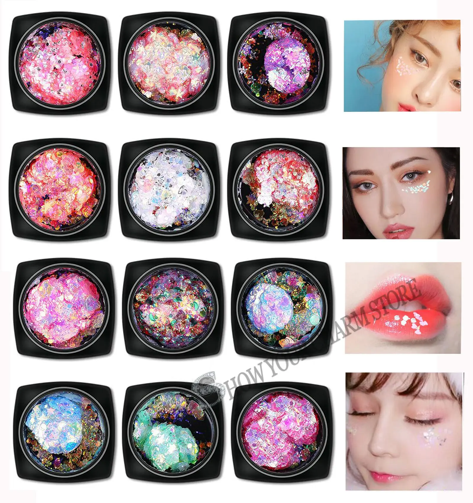 12pcs Face Glitter Gel Eye Glitter Nail HairArt Flash Heart Loose Sequins Cream Festival Glitter Decoration eye Shadow Makeup