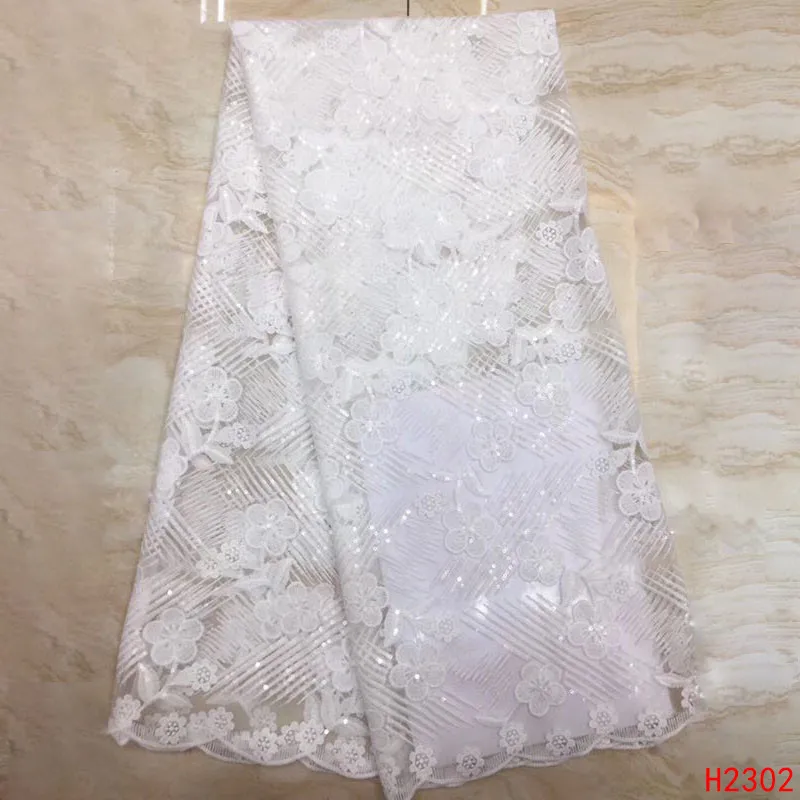 

2019 African Net Lace Fabric, High Quality White Sequins Nigerian Wedding Lace Fabrics 5Yards Sequins French Tulle lace HJ2302-1