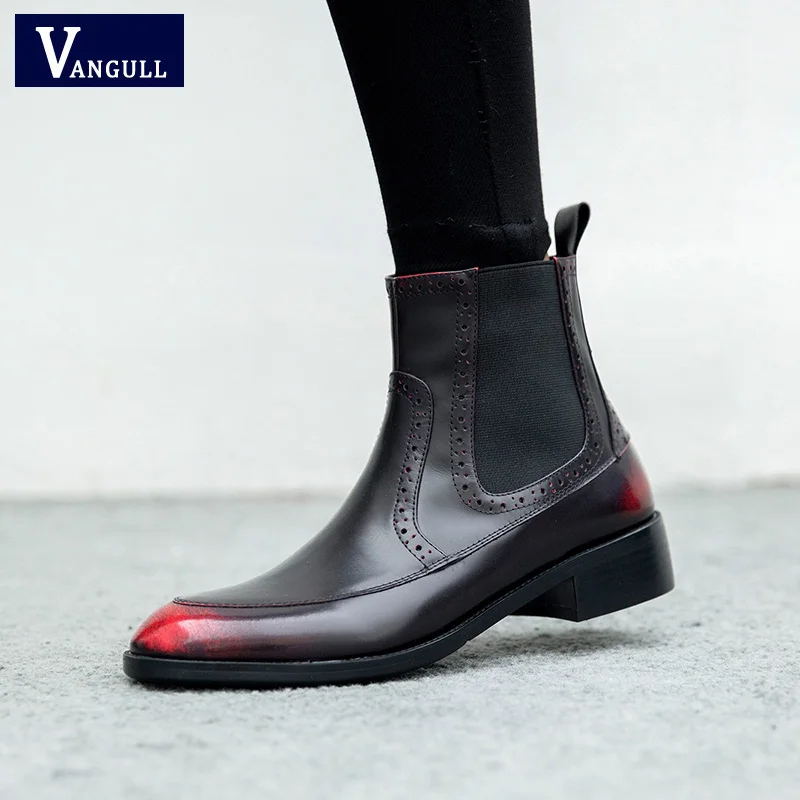 

Vangull Winter New genuine leather ankle boots pointed toe thick heel chelsea boots calf leather 2018 women boots ladies shoes