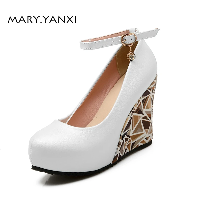 

Spring Autumn Women Pumps Platform Flower High Wedges Heels Round Toe Casual Fashion Shallow Buckle Strap Big Size Lady Shoes