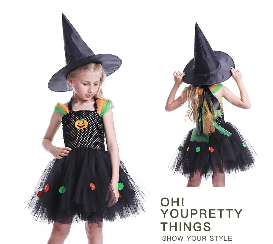 Pumpkin Pattern Girls Halloween Tutu Dress with Witch Hat Colorful Polka Dot Baby Girl Dress Kids Witch Costume Photo Party (8)