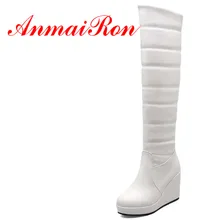 ANMAIRON/Сапоги до колена женские высокие сапоги на танкетке с круглым носком; зимние теплые сапоги на платформе; цвет белый, красный Повседневные высокие сапоги; Лидер продаж