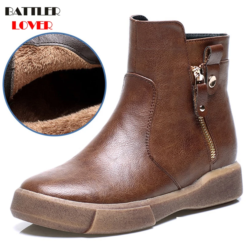 US $16.35 Genuine Leather Hand Made Women 2019 Winter Warm Womens Boots Western Boots Ankle Boots Round Toe Boots Woman Fleece Work Shoes