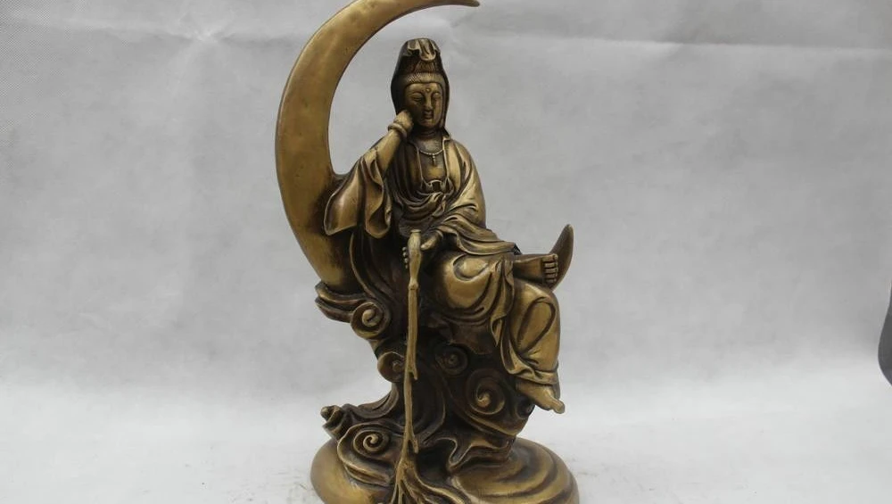 

14"Chinese Folk Pure Bronze Lucky excellent Sit moon Kwan-Yin Statue