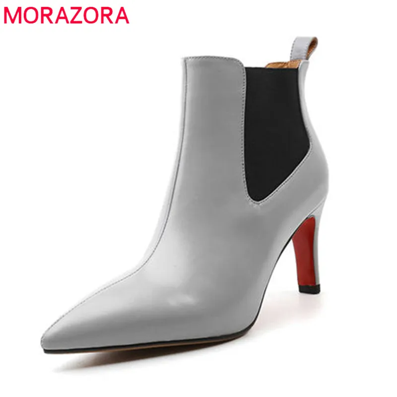 

MORAZORA 2018 new fashion ankle boots genuine leather spring autumn ladies shoes slip on elegant sexy high heels boots female