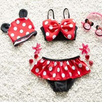 

Girls Minnie Mouse Swimwear Red Polka Dot Ruffle Swimsuit Bikini Swim With Bow Baby Girl Toddler Beach Wear with Cap