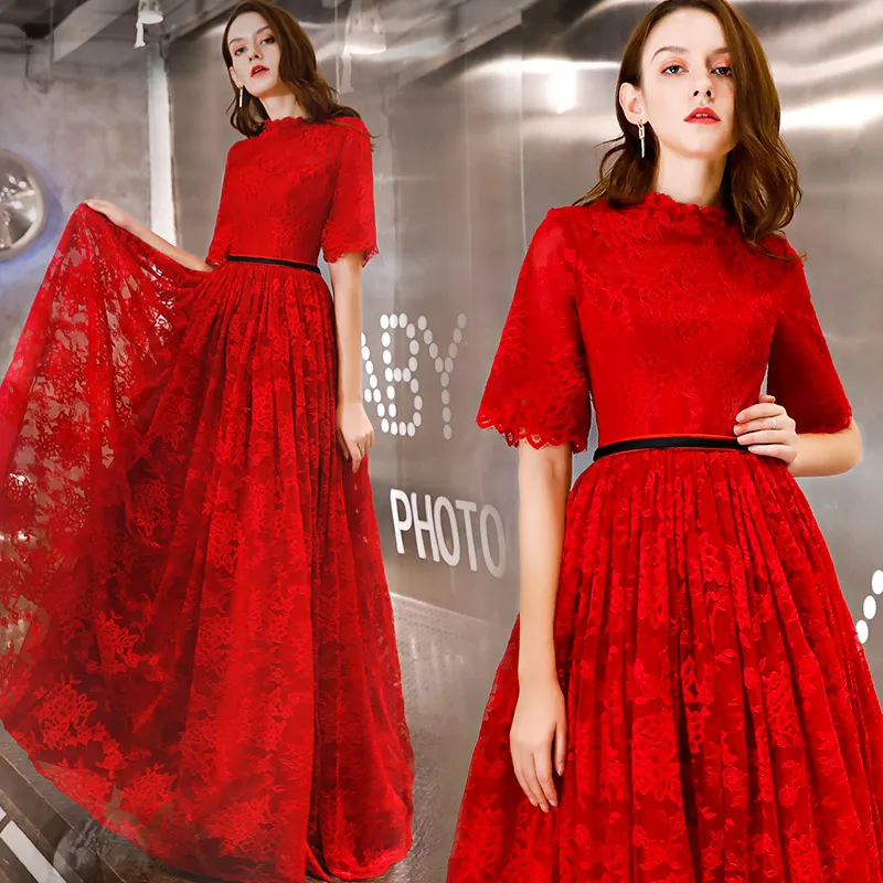 Beauty Emily Red New Lace Evening Dresses 2019 O Neck A Line Formal Party Prom Dresses Floor-length Court Train Evening Gown Beauty Emily Red New Lace Evening Dresses 2019 O Neck A Line Formal Party Prom Dresses Floor-length Court Train Evening Gown