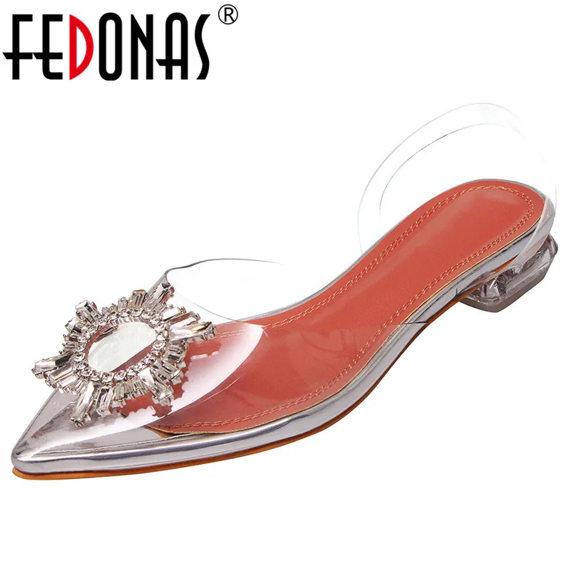 

FEDONAS Fashion Pu Leather Crystal Decoration Women Sandals 2019 Summer New Pointed Toe Buckle Low Heels Party Prom Shoes Woman