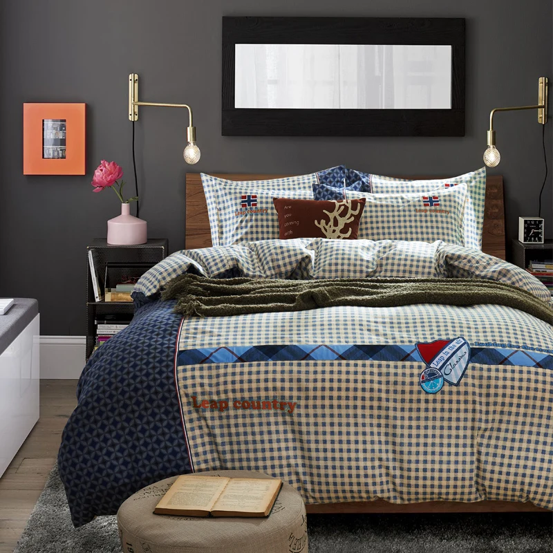 Home Textile blue cream british checked Europe embroider 100 cotton bedding sets designer's