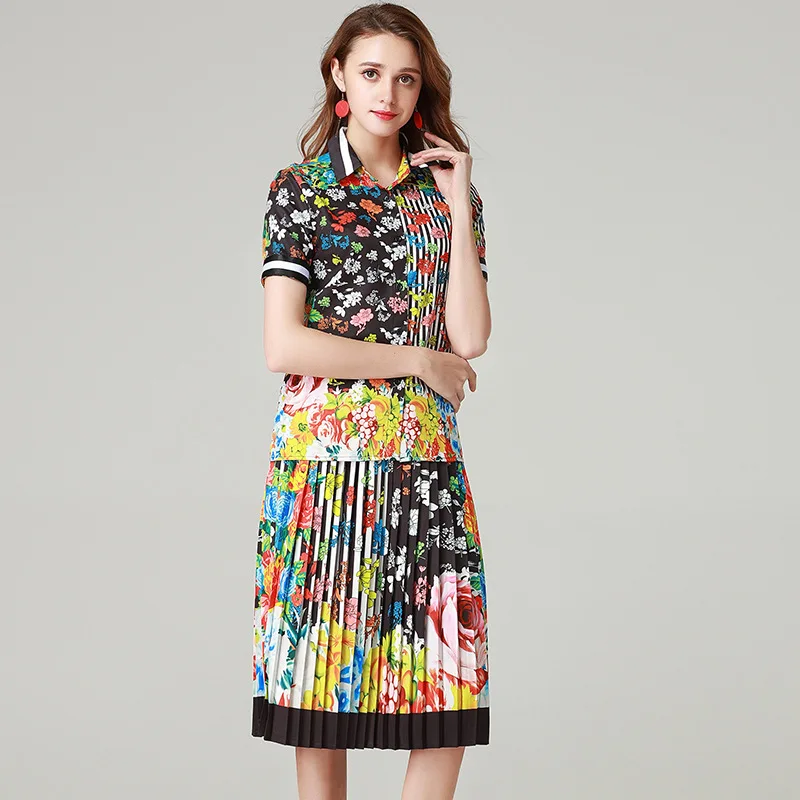 2019 Noir Les Femmes Pièce Blouse Courtes De Mode 2 Formelle Floral longue D'été Piste Plissée Imprimé Jupe Ensembles Pour Tenues Manches Qyfcioufu Mi Bg8wq8