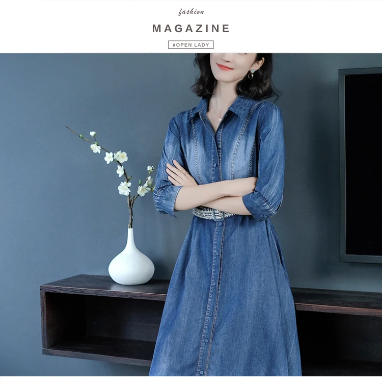 Dress Women Boho Long Denim Vestidos Half Sleeve A-line Blue Elegant Vintage Denim Jeans Dresses