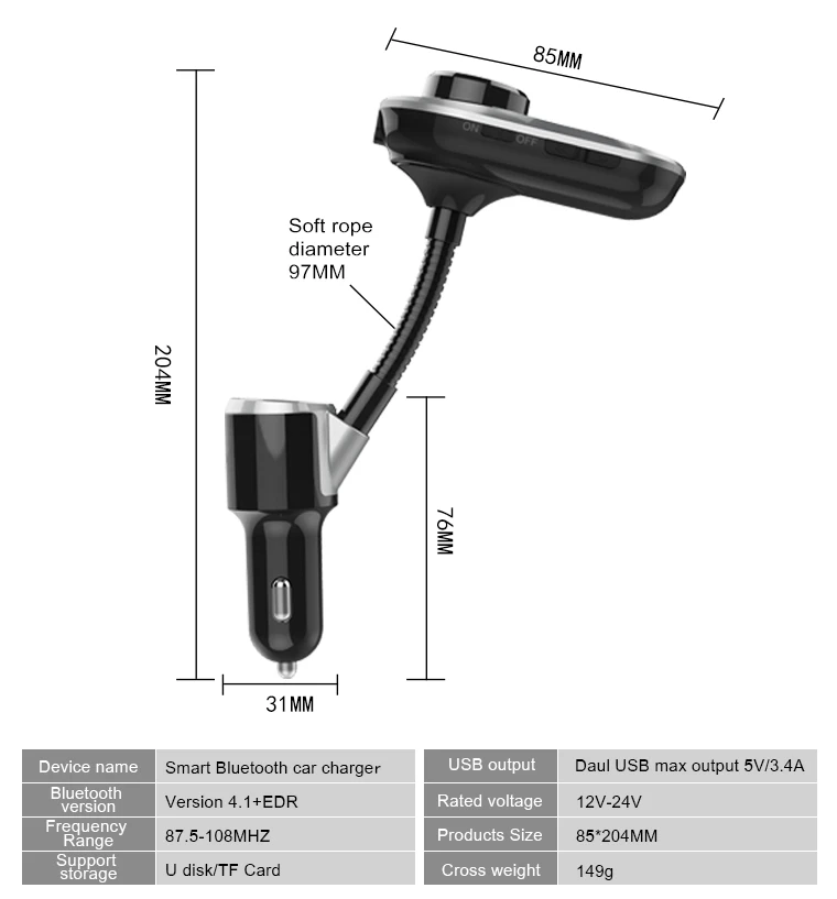 Yasokro FM модулятор передатчик автомобильного аудио MP3 плеер Bluetooth Handsfree Car Kit с 3.1A Quick Charge Dual USB Автомобильное Зарядное устройство