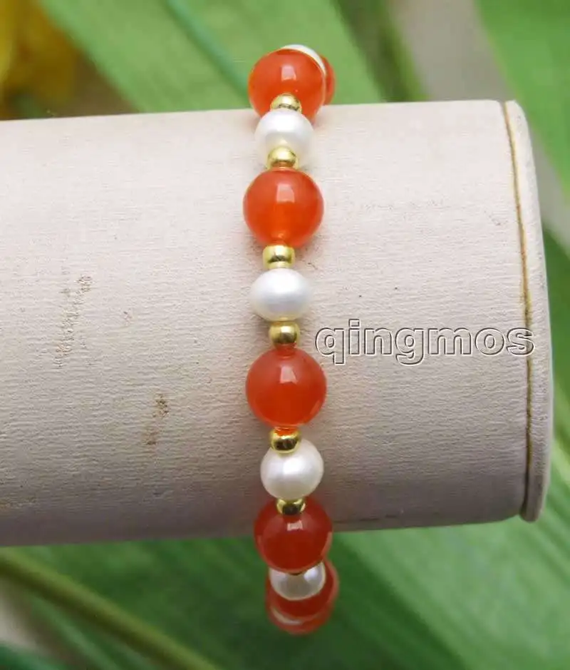 

SALE 6-7mm White Natural freshwater Pearl & 8mm Round china red beads 7.5'' Bracelet -bra316 Free ship Wholesale/retail