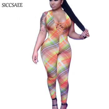 

Colorful Striped Print Bandage Jumpsuit Lace Up Ribbons Deep V Neck Bodycon Bodysuit Tank Rompers Tight Long Pants Club Wear