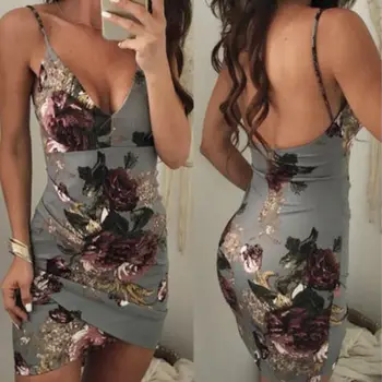 

Sexy Sleeveless Floral Strappy Party Dress Women Deep V Neck Bodycon Short Mini Dresses Women Elegant Club Wear Vestidos