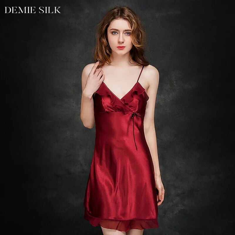 Demiesilk Women Night Dress Imitation Silk Spaghetti Strap Sleepshirts Solid Color Ice Silk 