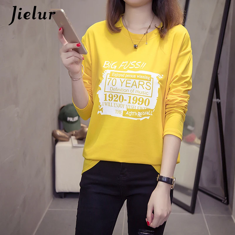 

Jielur 2019 New Harajuku Casual O-Neck Long Sleeve T-shirts Women Autumn Simple Loose Korean 5 Colors Top Female T shirt M-XXL
