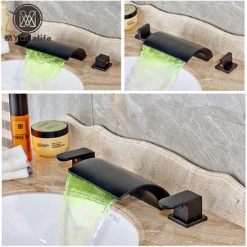 

Dual Handle Waterfall Basin Mixer Taps Deck Mounted Hot and Cold Water Bathroom Faucet with LED Light