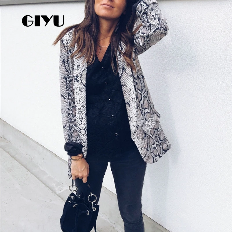GIYU Women Snake Skin Printing Blazer Long Sleeve Notched Jackets Sexy Slim Tops Casual camiseta mujer