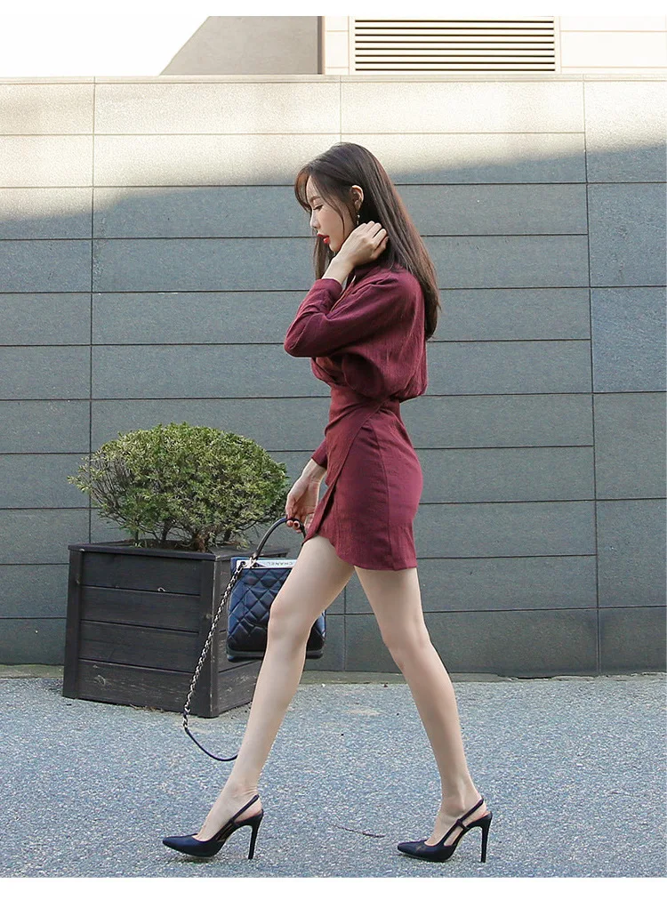 Однотонное размера плюс осеннее асимметричное женское платье красное с длинным рукавом с отложным воротником офисное женское мини-платье корейские повседневные платья