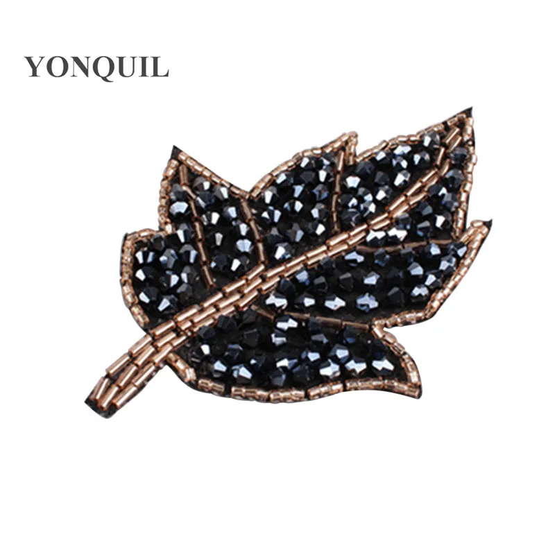 

Big size 10.5*7 CM Leaf Rhinestones Patches Black Embroidery Sew on Clothing sequin Diamond dress hat Applique 12pcs/lot SYBB127