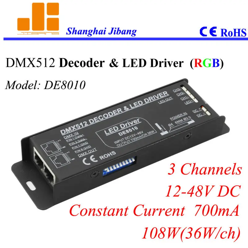 

Free Shipping DMX Decoder RGB Controller, pwm LED driver, constant current 700mA, 3CH/12-48V/108W pn:DE 8010